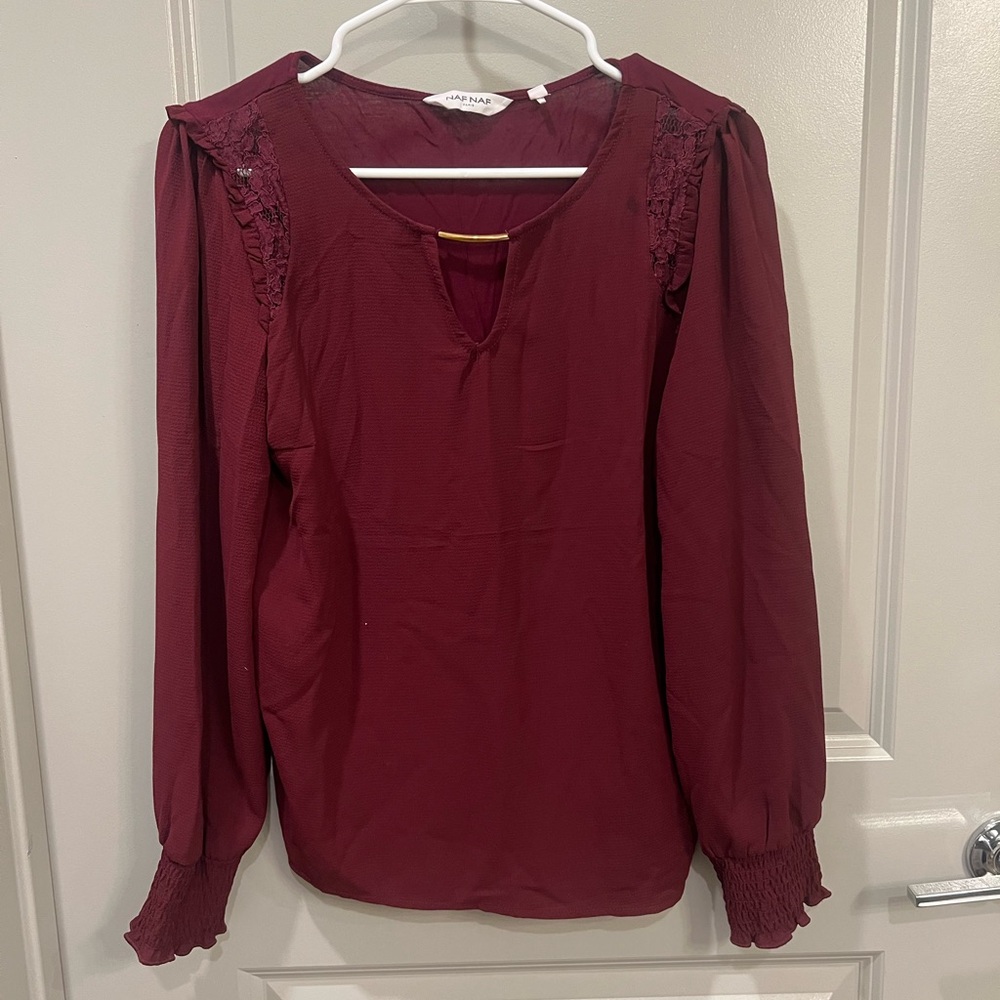 French brand NAF NAF Maroon Long Sleeve Blouse with gold and lace details
